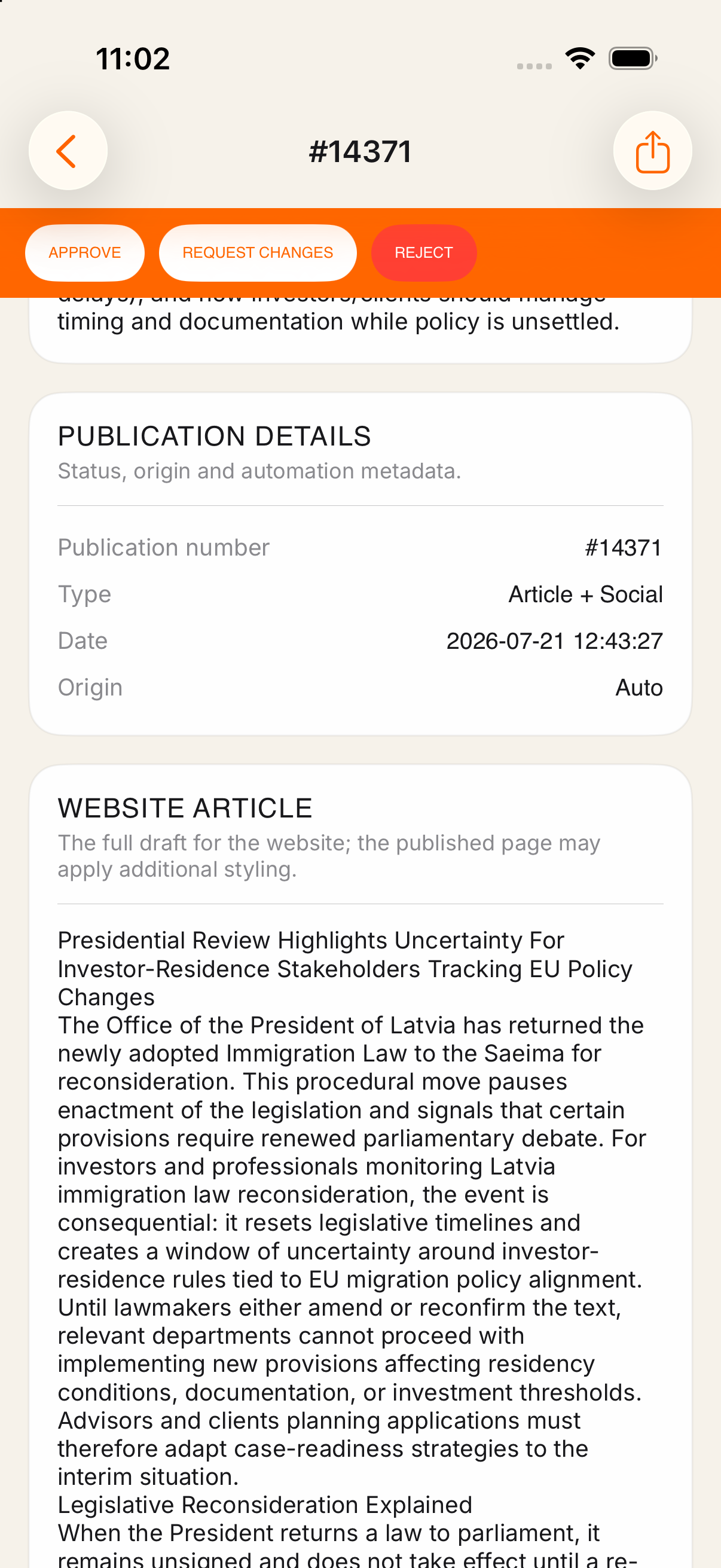 Publication details and the full website article inside the app