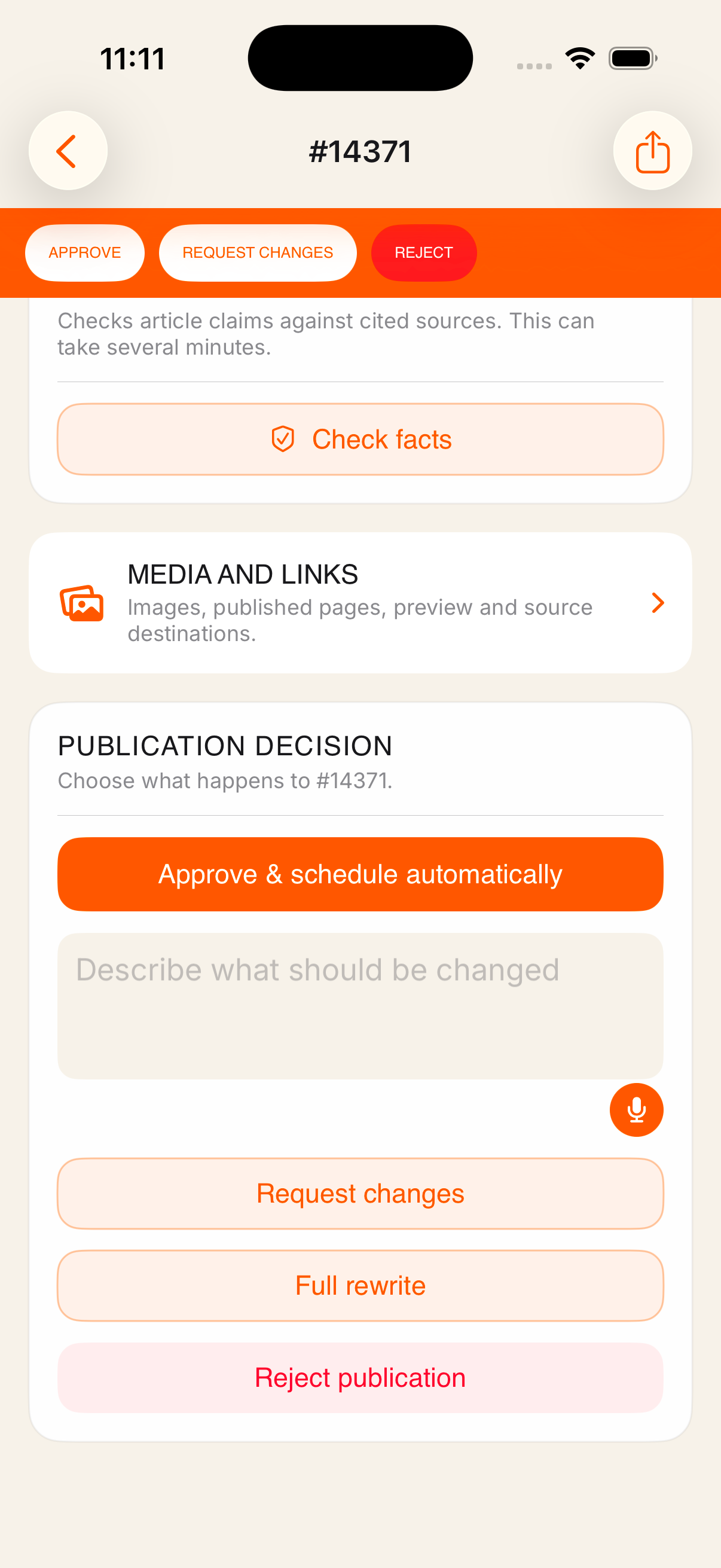 Fact check block above the publication decision panel