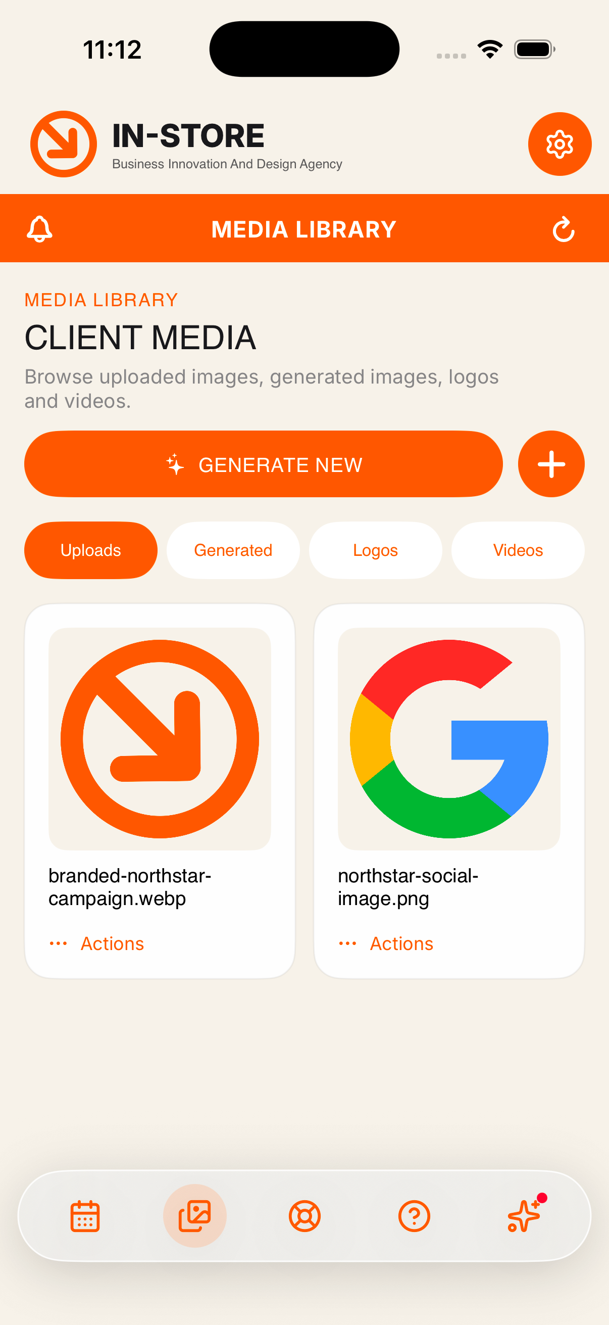 Client media library with uploaded and generated images