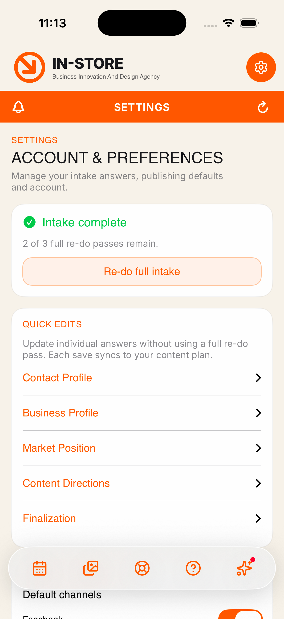 Account and preferences screen