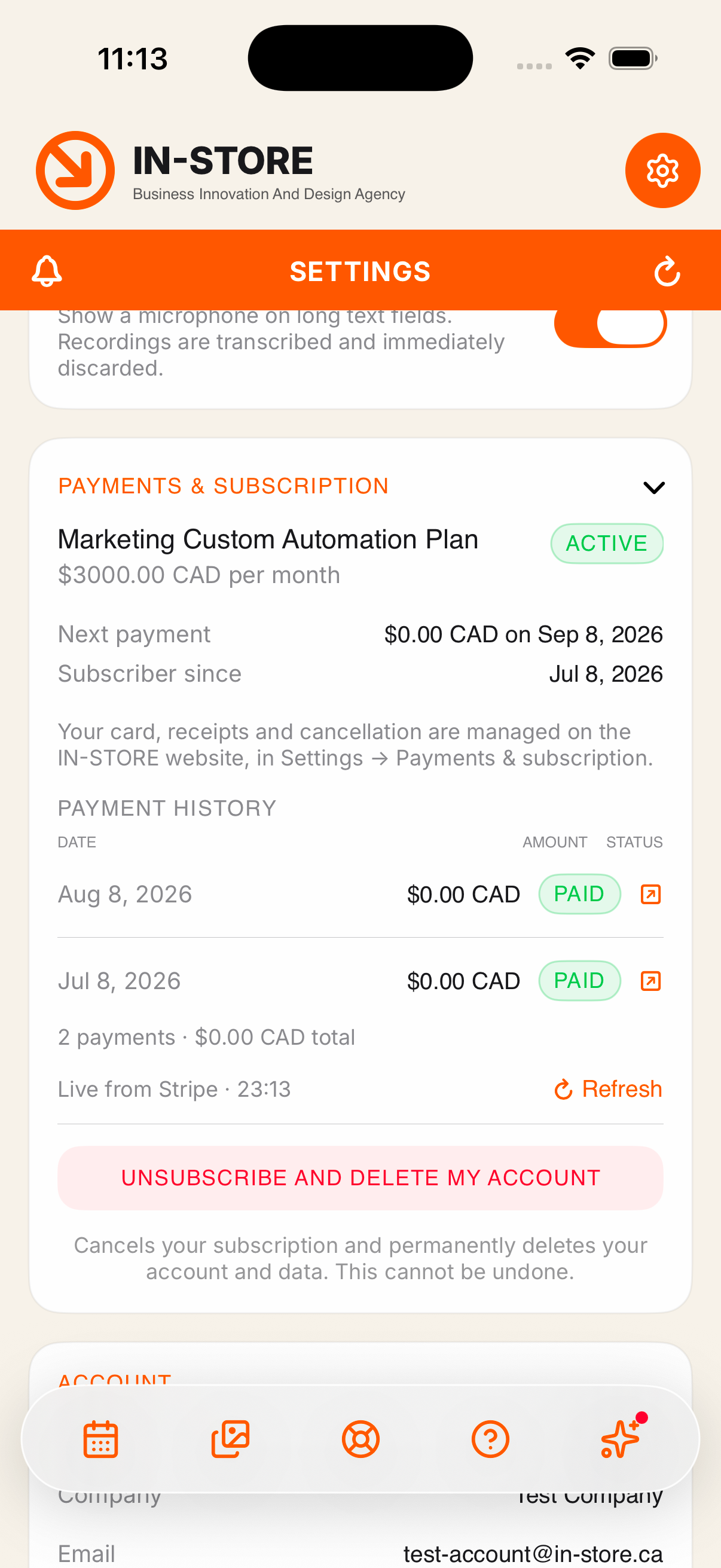 Subscription screen showing the active plan and payment history