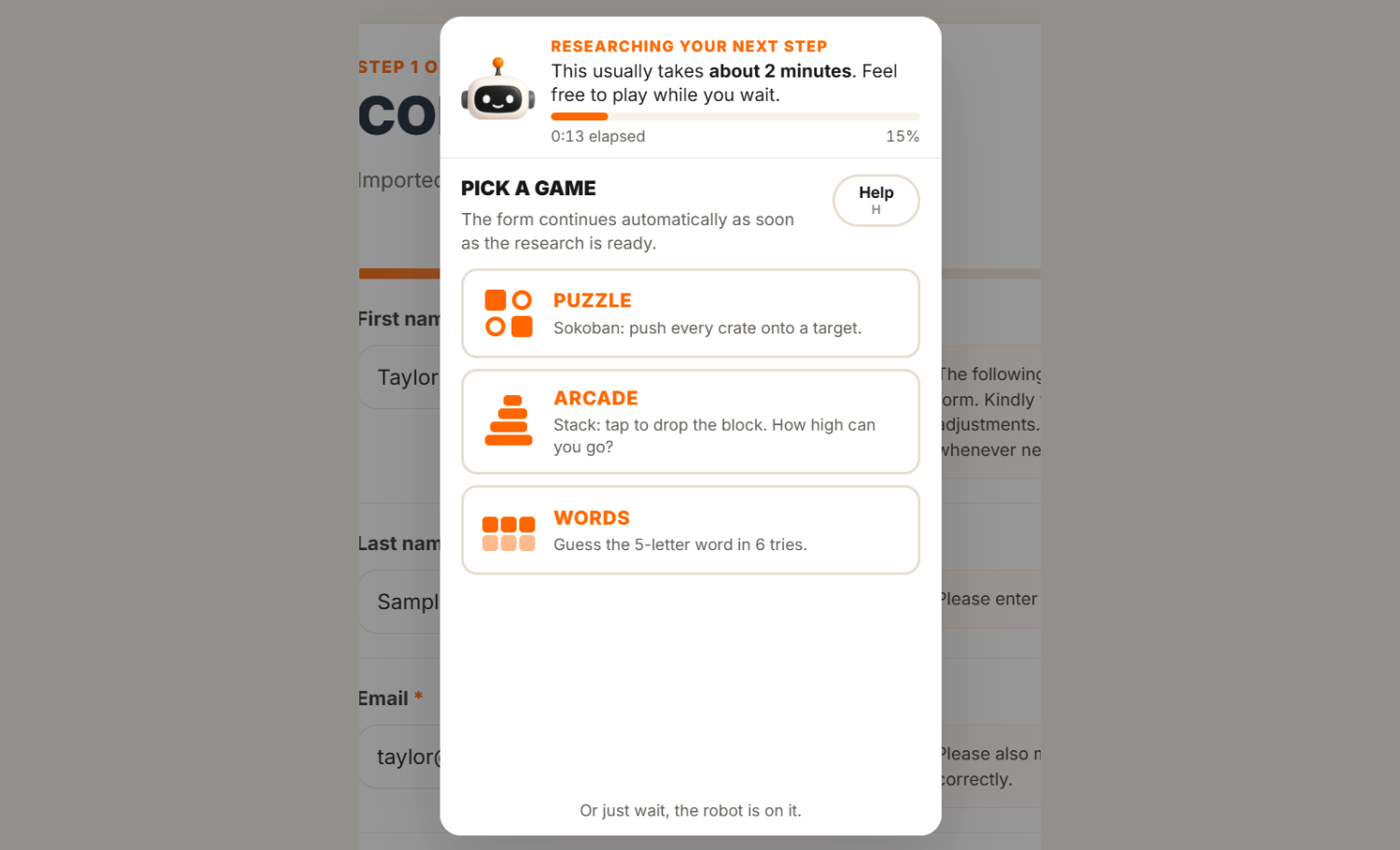 The Researching your next step window with a progress bar and three games: Puzzle, Arcade and Words