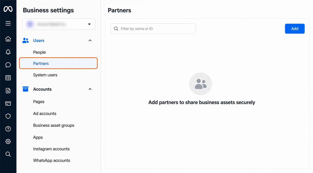 Business settings with Partners selected in the left menu