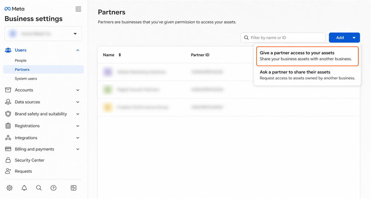 The Add menu with Give a partner access to your assets selected