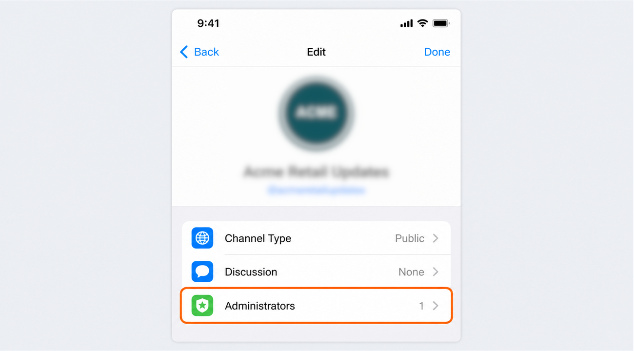 Channel info screen with Administrators selected
