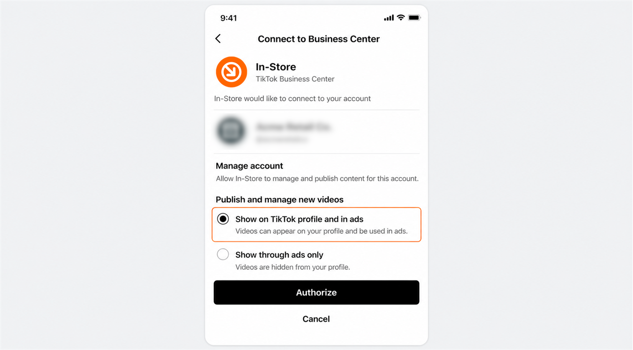 Granting Manage account with Show on TikTok profile and in ads