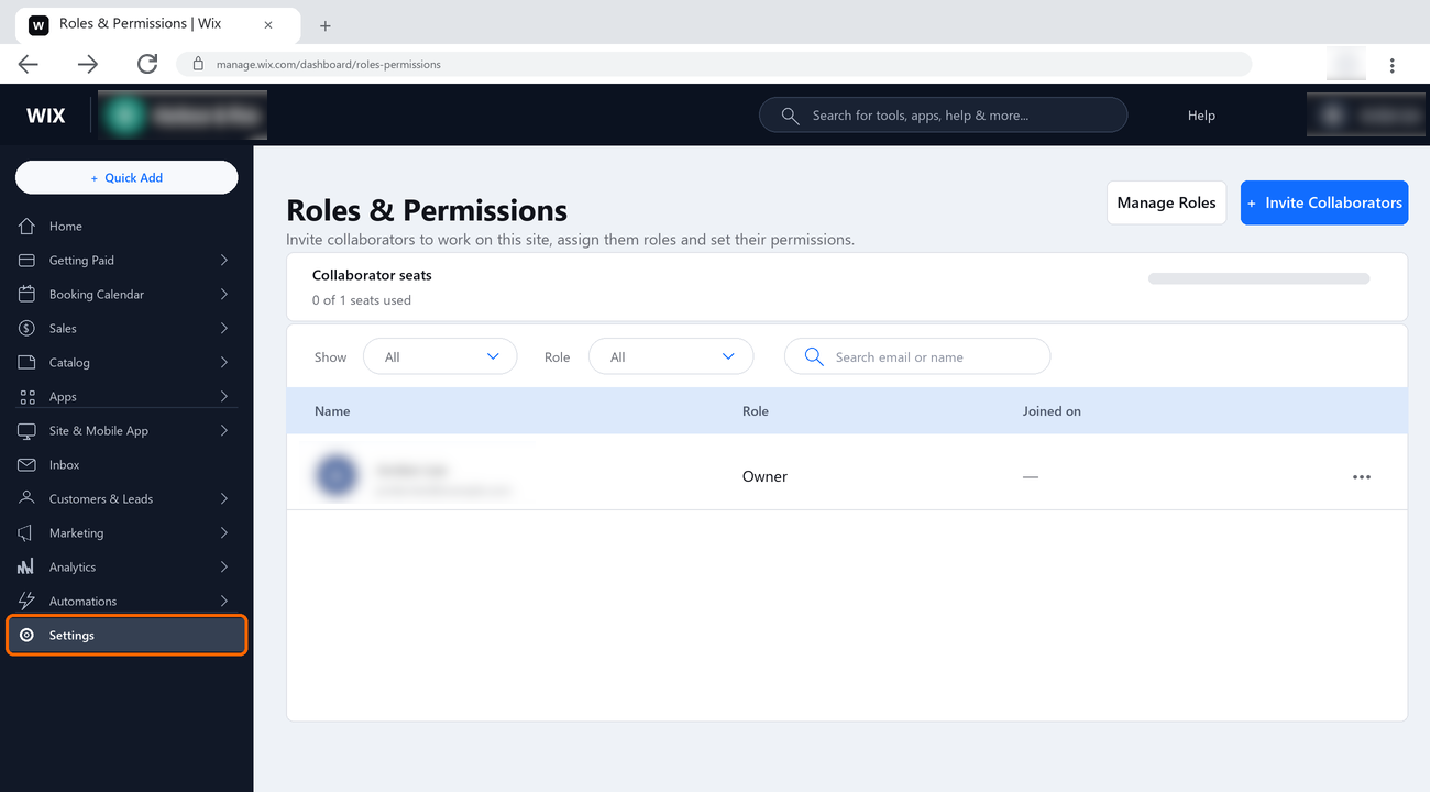 The Roles and Permissions page in the Wix dashboard