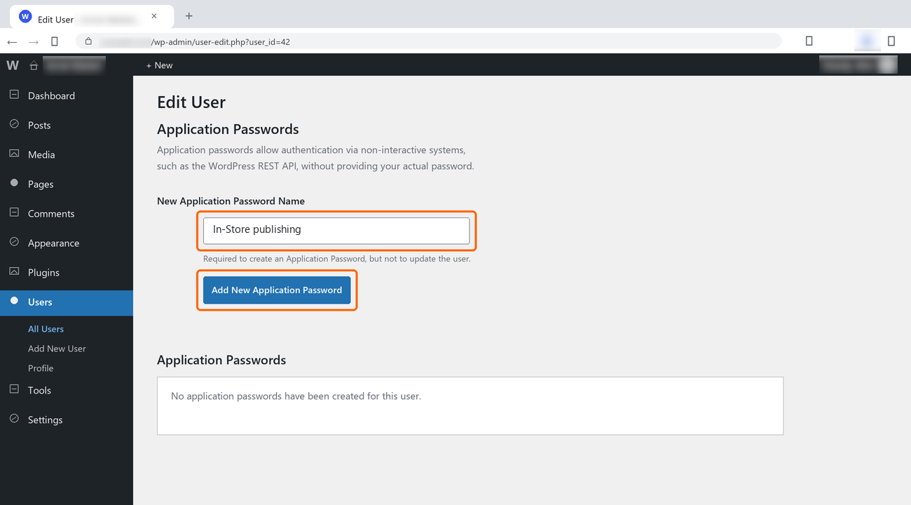 Application Passwords section with a name typed into the box