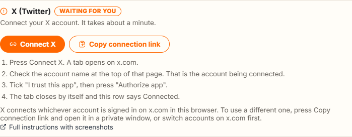 The X (Twitter) row in the Connections list, with the Connect X button