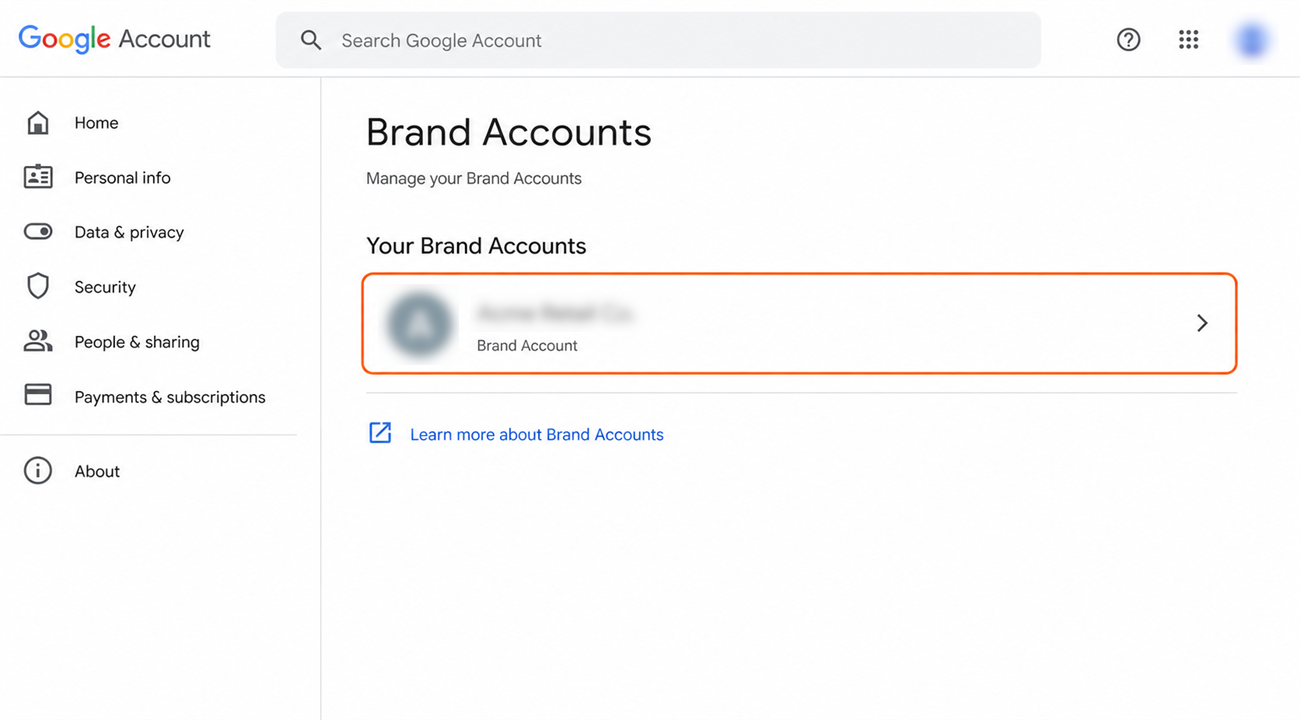 Google Brand Accounts page showing a channel listed