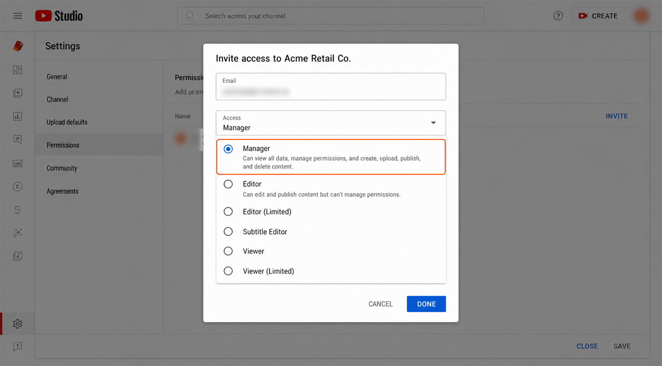 Access-level dropdown with Manager selected