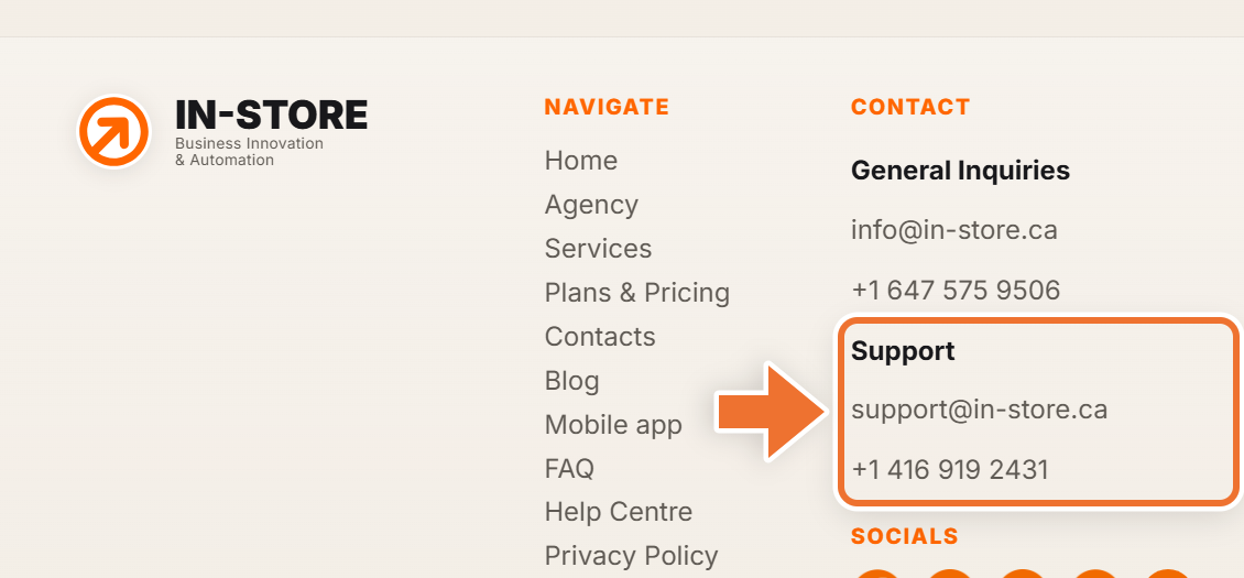 Website footer with an arrow pointing to the Support email address and phone number