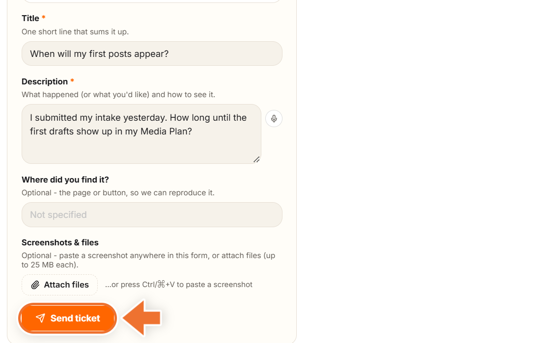 Support and Feedback ticket form with an arrow pointing to the Send ticket button