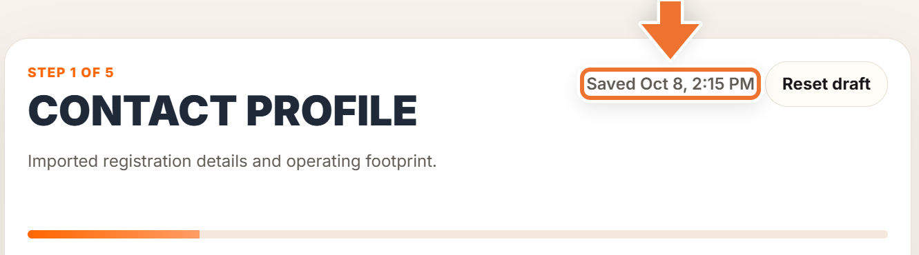 Intake form header with an arrow pointing to the Saved timestamp