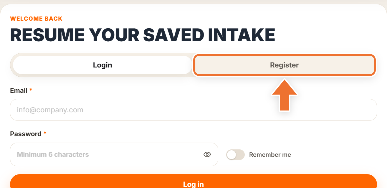 Sign-in panel with an arrow pointing to the Register tab