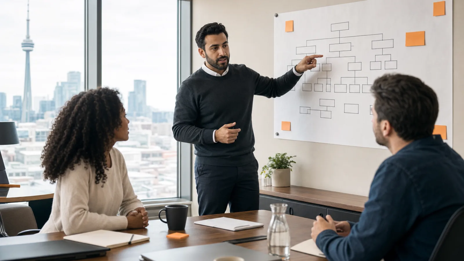 SEO strategist presenting a site architecture plan for B2B SEO services to a marketing team
