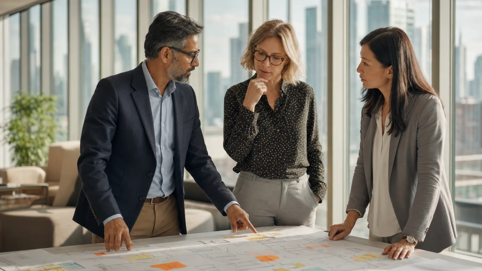 Operations, finance and marketing leaders planning business automation services around process maps in a Toronto office
