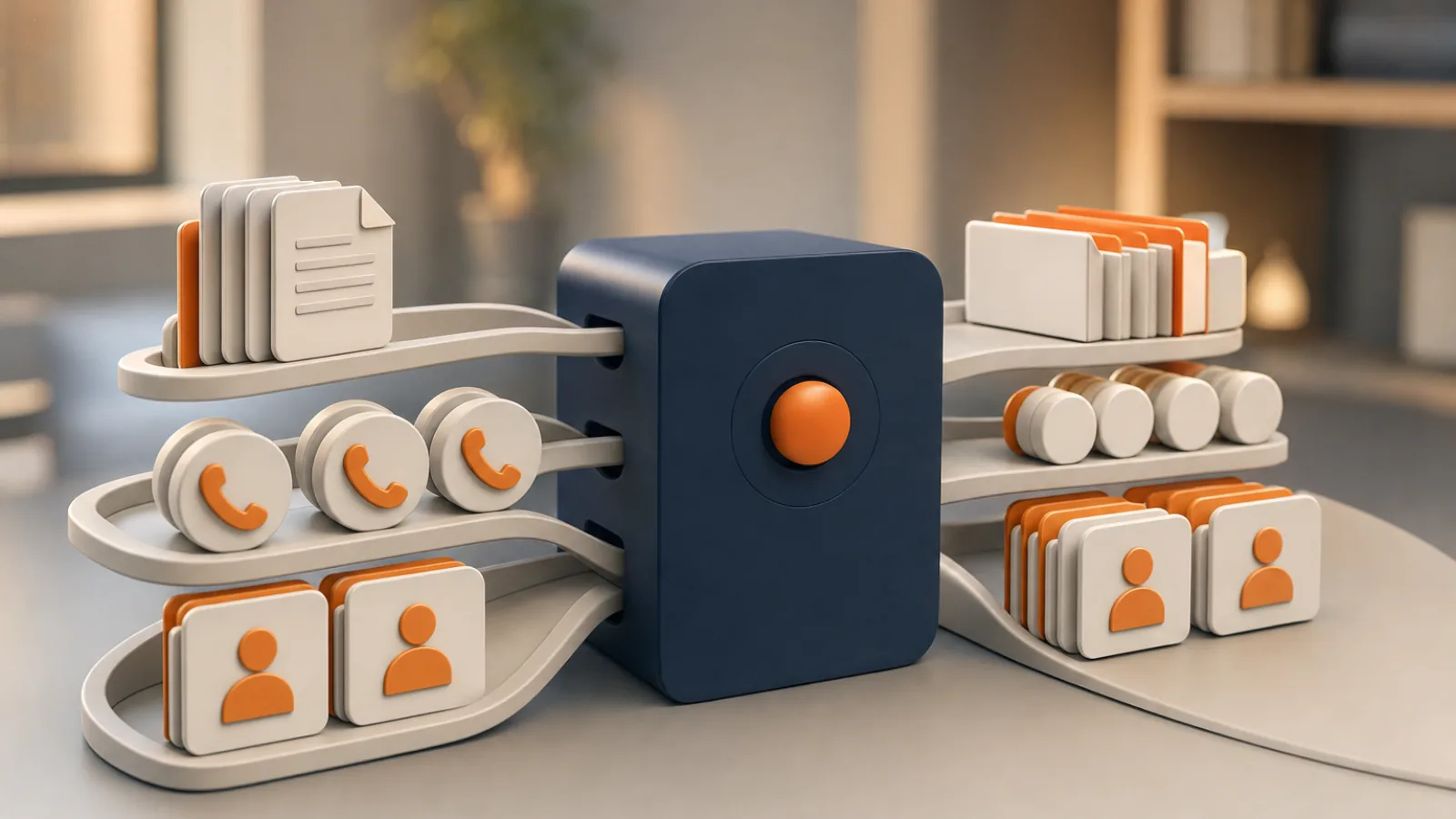 3D illustration of business automation solutions routing documents, calls and leads through one central workflow hub