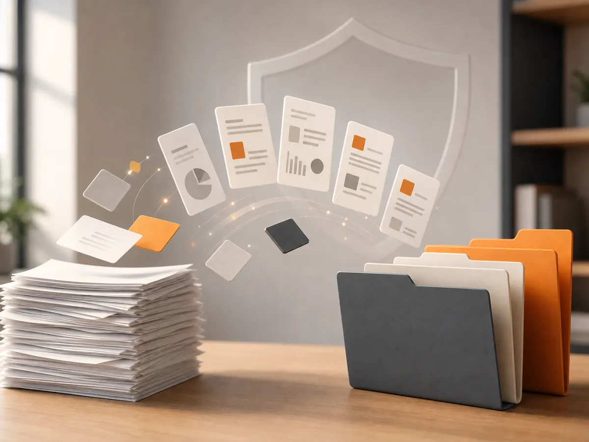 3D illustration of paper documents converted into structured data with secure document processing