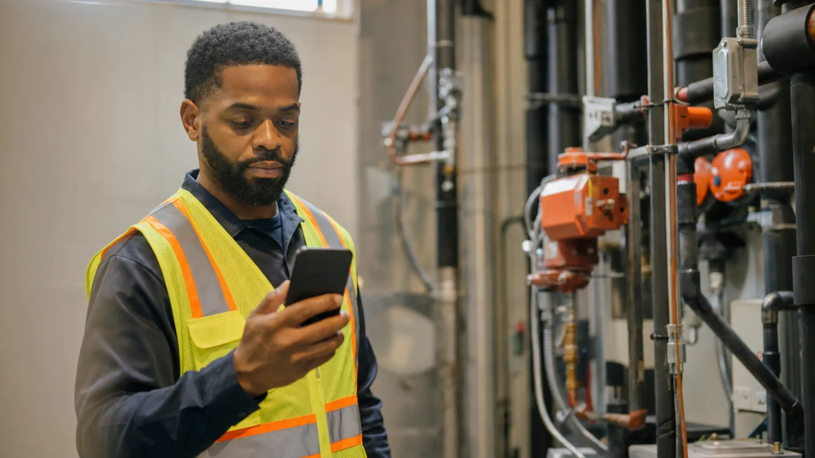 Field technician using a mobile app on a smartphone to complete a job record on site