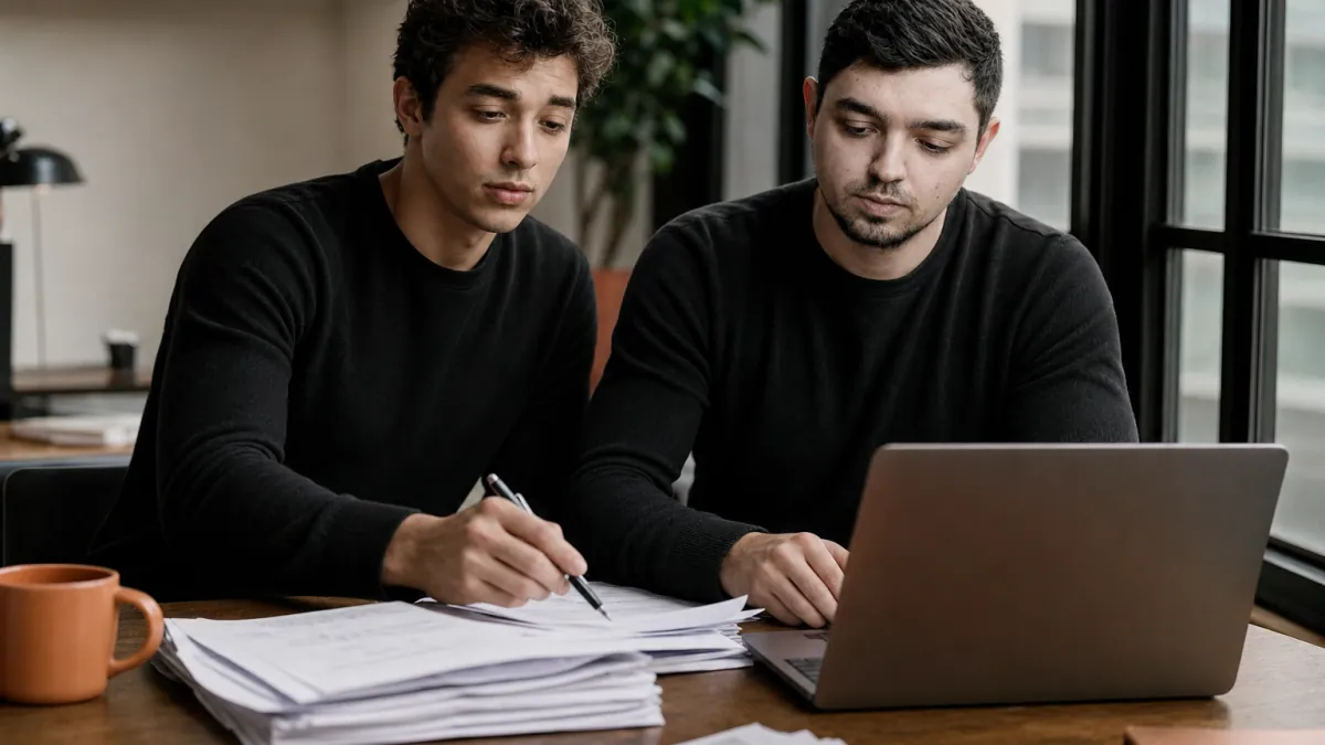 IN-STORE Client Service Director Andrew Liashok and CTO Artem Dryevov checking processed forms against a laptop