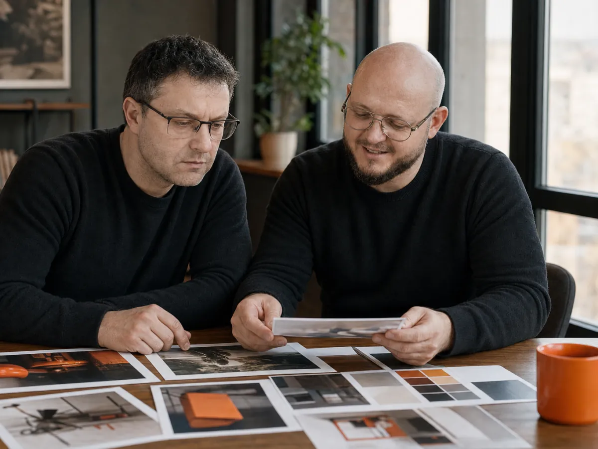 IN-STORE Head of Marketing Volodymyr Kravchuk and CEO Alex Makarov reviewing ad creatives for a digital marketing client